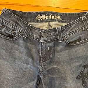 Vintage Sinful Blue  with black leather with crosses Boot Cut Jeans